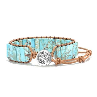 China BOHEMIA Jewelry Bohemian Handmade Tree of Life Clasp Turquoise Natural Stone Beads Braided Leather Wrap Bracelets for sale