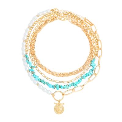 China FASHIONABLE Women Cuban Chain Bohemian Turquoise Choker Necklace Gold Bead Chain Multi Layer Lion Head Pendant Beaded Necklace for sale