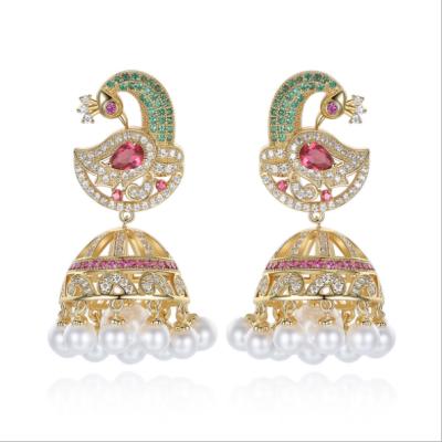 China FASHION Handmade Boho Peacock Bell Dangle CZ Diamond Women Jhumka Kundan Earrings Beaded Gold Indian Jewelry for sale