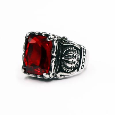 China Custom Engraved Ring Men's Style 316L Stainless Steel Punk Crown Red Agate Diamond Rings Jewelry for sale