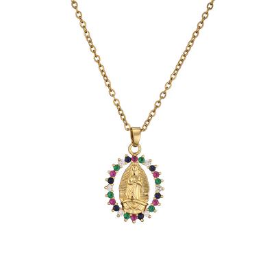 China Religious European Religious Jewelry Brass Gold CZ Pave Jewelry Christian Virgin Mary Necklace for sale