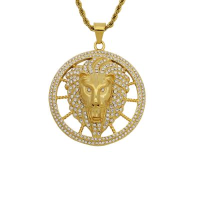 China Crystals Lion Big Rhinestone Hiphop Head Gold Plated Stainless Steel Pendant Necklace Jewelry For Man for sale