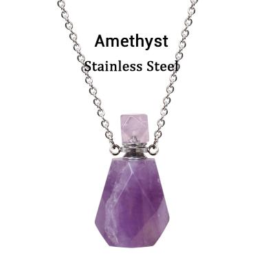 China FASHIONABLE Natural Crystal Quartz Amethyst Gemstone Perfume Bottle Necklace Stainless Style Silver Chain for sale