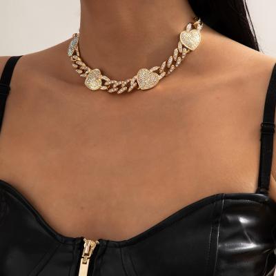 China Trendy Iced Out Cuban Chain Women Chunky Cuban Link Necklace CZ Heart Choker Necklace Heart Outlet for sale