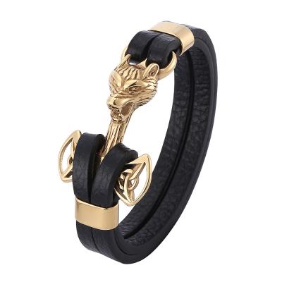 China Punk Style Punk Gold Plated Genuine Stainless Steel Wolf Bracelets Men's Leather Bracelet for sale