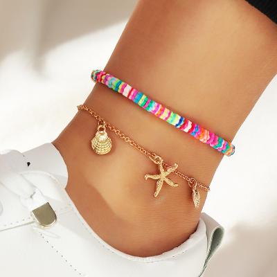 China BOHEMIA 2021 Summer Beach Style 2 Layers Colorful Ceramic Beads Bracelets Set Bohemian Starfish Shell Pendant Anklet Gold Bracelet for sale