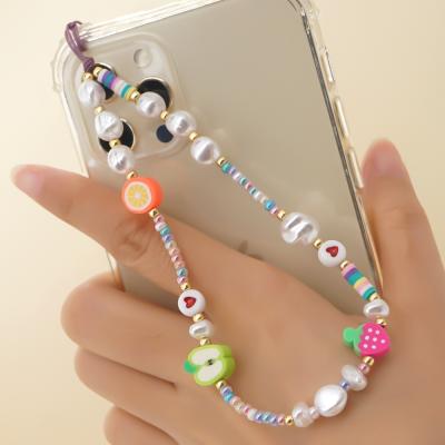 China 2021 New Heart Fruit Cute Acrylic Pink Cute Beaded Key Bead Cell Phone Charm Chain Strap Rope Case Holder Accessories for sale