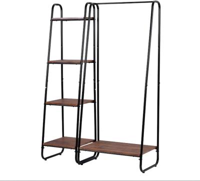 China Workable Free Standing Metal Frame Coat Rack Clothes Rack 4 Tier Wooden Sundries Shelvers Clothing Garment Hanging Rack for sale