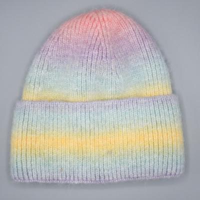 China COMMON 2021 New Design Winter Warm Blend Ombre Soft Wool-acrylic Rainbow Knitted Beanie Hats For Women for sale