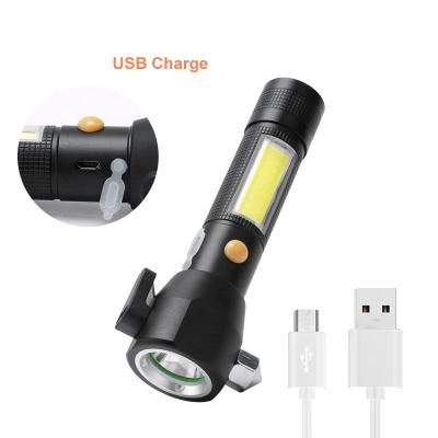 China Outdoor Camping Hiking Self-Defense LED Torch Flashlight Magnetic Zoom Rechargeable T6 Walking Flashlight With Safety Hammer And Knife for sale