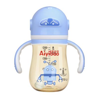 China Wholesale 240ml PPSU BPA Free Wide Bore Cartoon Newborn Baby Bottle With Handle Anti Flatulence Baby Bottle Gift Box Packing for sale