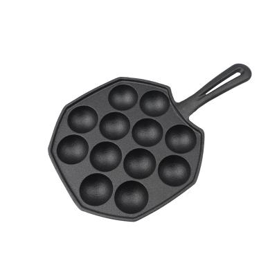 China High Quality Stocked Cast Iron 12 Hole Octopus Meatball Pot With Wooden Handle Single Nonstick Small Meatball Pot for sale