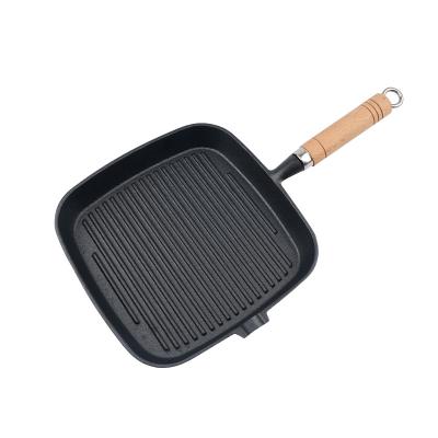 China China Made Cast Iron Easy Operation Striped Steak Skillet With Wooden Handle Quality Assurance Steak Skillet for sale