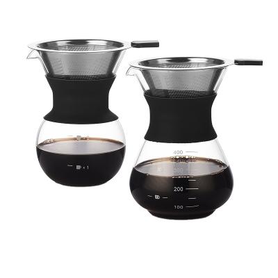 China Viable Stain Borosilicate Glass 400ml Wholesale Heat Resistant Coffee Maker Pour Over Glass Coffee Pot With Stainless Steel Strainer for sale