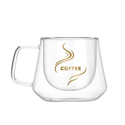 China Wholesale Household 200ml Stain Viable Mug With Handle, Creative Diamond Mug With Label, Double Glass Heat Resistant Coffee Mug for sale