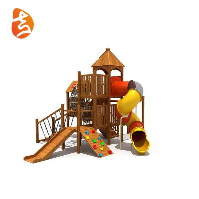 China Outdoor Wooden Playsets Wooden Cabin Playground, Commercial Children's Play Equipment, With Slide for sale