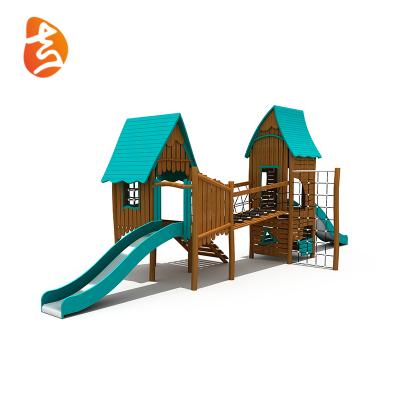 China Outdoor wooden playsets small wooden cabin playground, commercial children's game equipment, with slide for sale