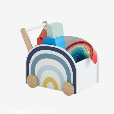 China New Eco-friendly Material Model Child Play Wooden Toy Shopping Cart With Children for sale