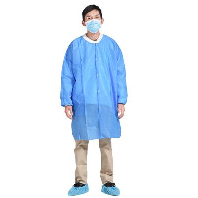 China Multiple Sizes SMS Lab Jackets Blue Non Woven Disposable Lab Coat Knit Cuff for sale