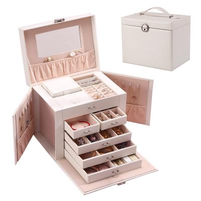 China Watch Packaging Watch Storage Display Jewelry Box 5 Layers Organizer Storage Mirror Display Case With Lock Large Capacity Leather Portable Set Jewelry Box for sale