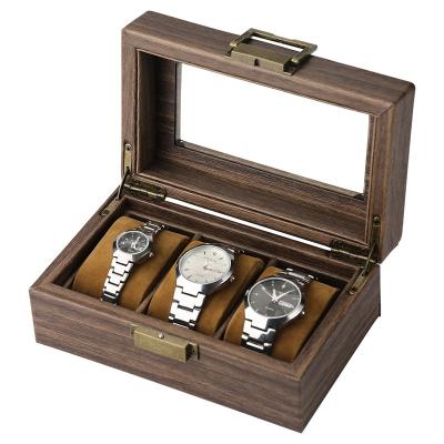 China Classic Elegant Vintage PU Grain 3 Window Watch Storage Box Luxury Leather Wooden Watch Box for sale