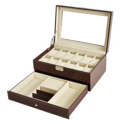 China Factory Wholesale Handmade Stain Brown Watch Box Window 12 Double Layer Double Layer Jewelry Box for sale