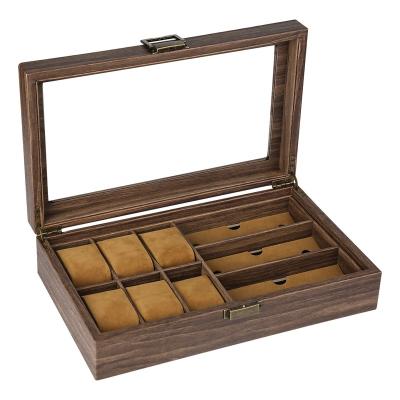 China Manufacturer Wholesale Classic Elegant Luxury Vintage Stain Wooden Grain 6 Slot Watch +3 Glasses Storage Box, Watch Storage Box, Glass Case Storage Box for sale