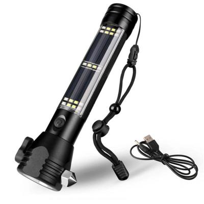 China Emergency Customized Waterproof USB Rechargeable Instant Light Portable Multifunctional Solar LED Flashlight Torch With Safety Hammer for sale