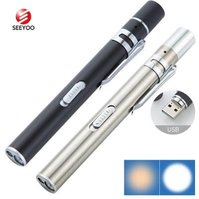 China Dual Yellow and White Industrial Medical Pen Light USB LED Mini Penlight Rechargeable Flashlights Light Source for sale