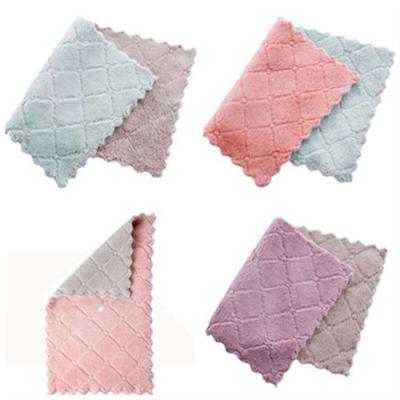 China Durable double-sided absorbent thickened oil-free printed coral cloth scouring pad kitchen fleece dish towel for sale