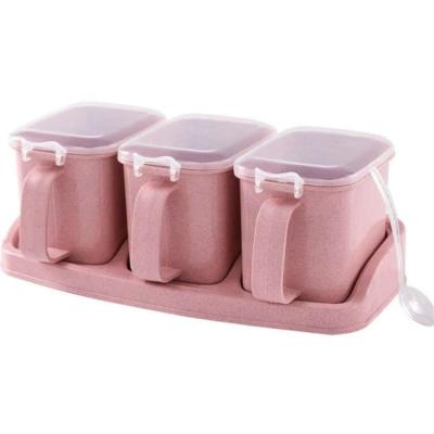 China Sustainable Kitchen Seasoning Box Set Storage Jar Household Wheat Straw Plastic Seasoning Box for sale