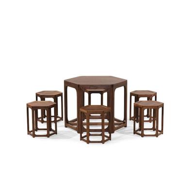 China (Other) Hexagon Structure Wooden Stool Adjustable Geometric Dining Table Set Hexagon Table Stool and Table Set for sale