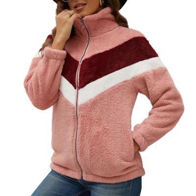 China Women's Fuzzy Jacket Winter Open Front Anti-Shrink Coat Plush Sweater Zipper Cardigan Contrast Coat With Pockets for sale