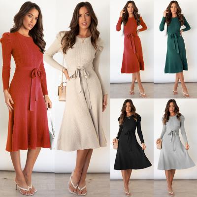 China Winter Viable Bubble Dress New Big Size Long Sleeve Knitted Knitted Mid Length Swing Dress Basic Elegant Diet Dress for sale