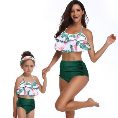 China QUICK DRY High Waisted Bikini Women Girl Dotted Lotus Leaf Mother Daughter Floral Print Dot Swimsuit Beach Wear for sale