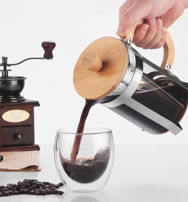 China Art Decor Borosilicate Glass Coffee Maker Portable Multifunctional French Pot Coffee Press Wooden Handle for sale