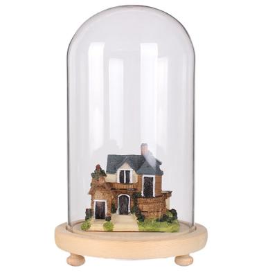 China Europe Dome Glass Cloche Bell Jar with Flower Cover Wooden Base Showcase D12H21cm/4.7