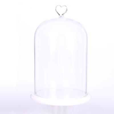 China Europe Dome Glass Cloche Cloche with Flower Cover Wood Base Showcase with Heart Handle D15H21cm/5.9