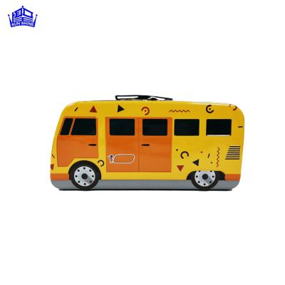 China Customized Recyclable Car Bus Rectangle Yellow Tin Can Shape Reserve Silver Candy Cookie Food Tin Box for sale