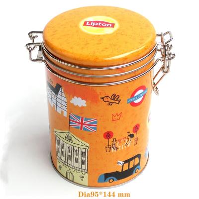 China Beverage Round Metal Tin Can Chocolate Cookie Cake Candy Tea Coffee Tea Canister Airtight Storage Container With Wire Hinged Lid for sale