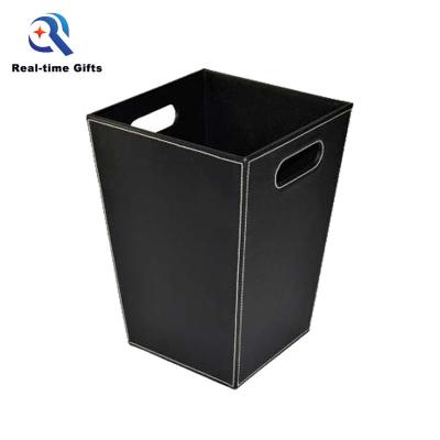 China Sustainable Fashion Household Black Indoor Faux Leather Waste Bin With Handles for sale