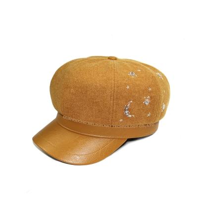 China And American European Style Customized Woolen Patch Leapther Brim Beret Embroidered Pearl Rhinestone Newsboy Hat for sale