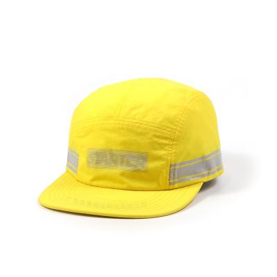 China Custom Camper Hat Water Splash Prevention OEM Reflective Silk Screen Printed Flat Brim 5 Panel Hat for sale