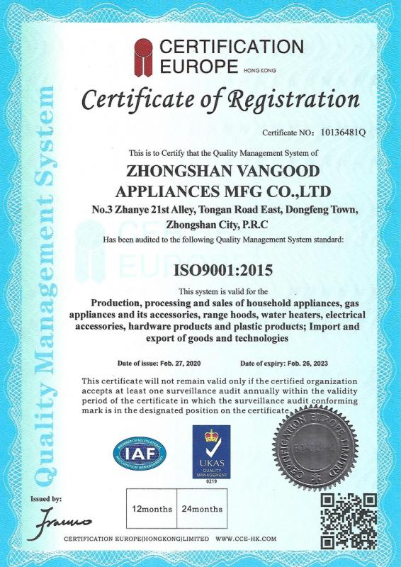 ISO9001 - Zhongshan Vangood Appliances Mfg Co., Ltd.