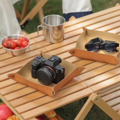 China Storage Tray Outdoor Accessories Desk Tray Organizer PU Picnic Folding Storage Box Durable Leather Camping Trays for sale