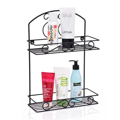 China 2 Tier Iron Wire Bathroom Shower Shampoo Cart Organizer Wall Mounted Black Workable Storage Rack for sale