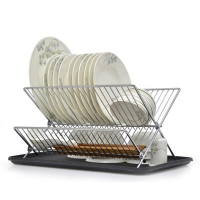 China Sustainable Home Kitchen Chrome 2 Layer Dish Rack Folding Dish Drainer Rack With Tray for sale