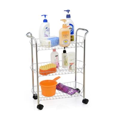 China Sustainable 3 Tiers Chrome Bathroom Trolley Cart Kitchen Spice Sauce Storage Rack With Four Wheels for sale