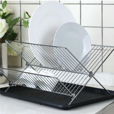 China X Shape 2 Tier Sustainable Kitchen Foldable Chrome Metal Draining Dish Drying Rack for sale