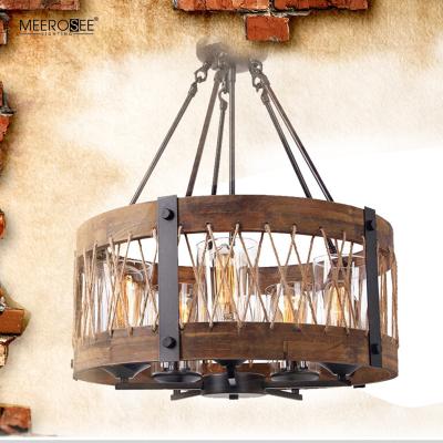 China Farmhouse Meerosee Antique Pendant Light Wood Finish Rural Industrial Style Hanging Lamp With Adjustable Chain MD86786 for sale